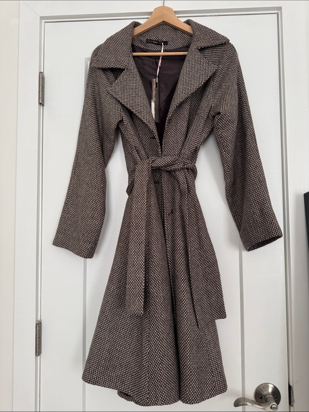 Womens Brown Textured Wrap Trench Dress with Belt
